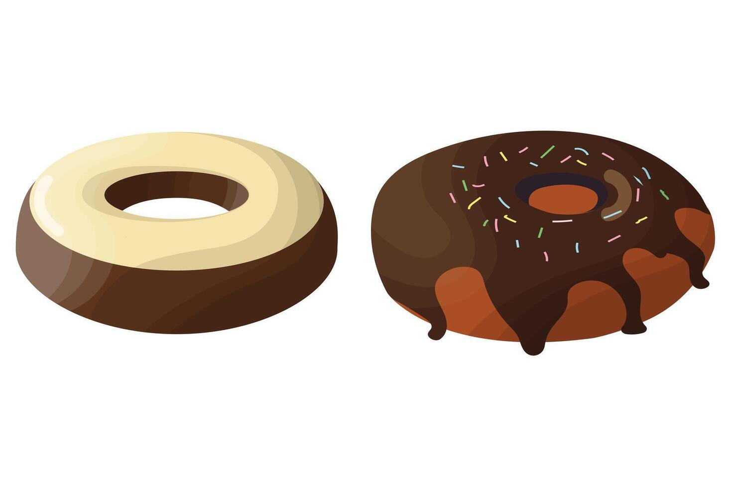 Set of donuts with glaze. Round buttery sweet pastries decorated with confectionery pamada. Delicious national American dessert. illustration isolated on white background. vector