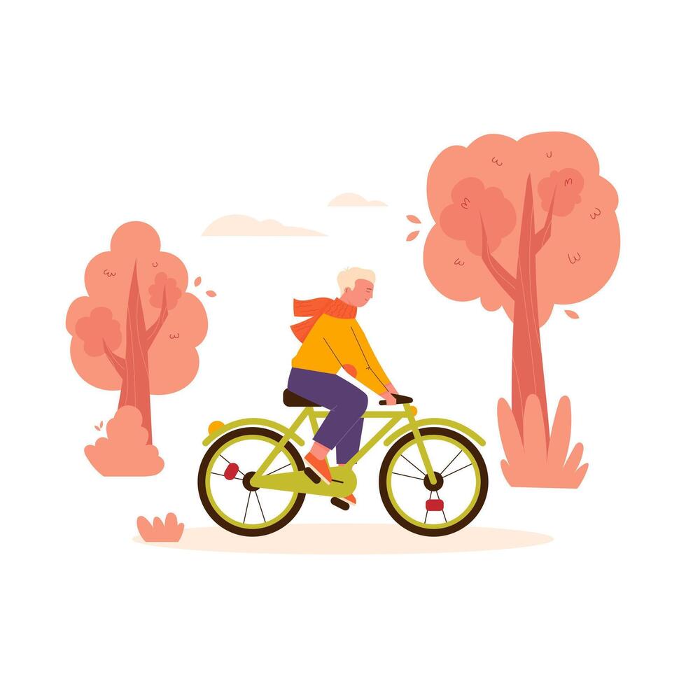 autumn people park. A guy rides a bicycle in an autumn park vector