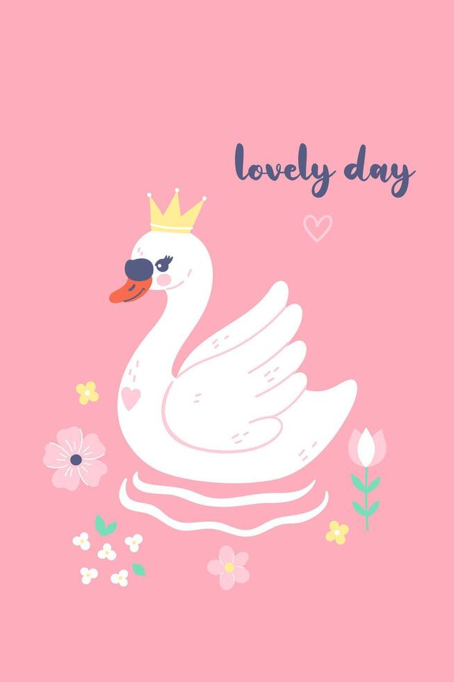 Poster or card with a cute swan on a pink background. graphics. vector