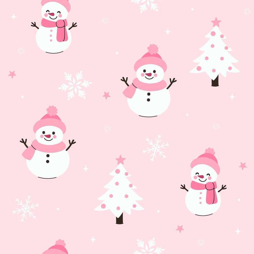 Seamless pattern with cute snowmen on a pink background. graphics vector