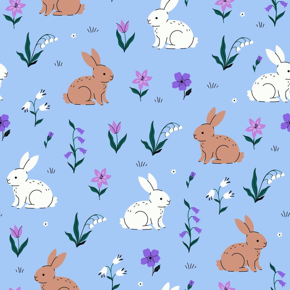 Seamless pattern with cute bunnies and flowers. graphics vector
