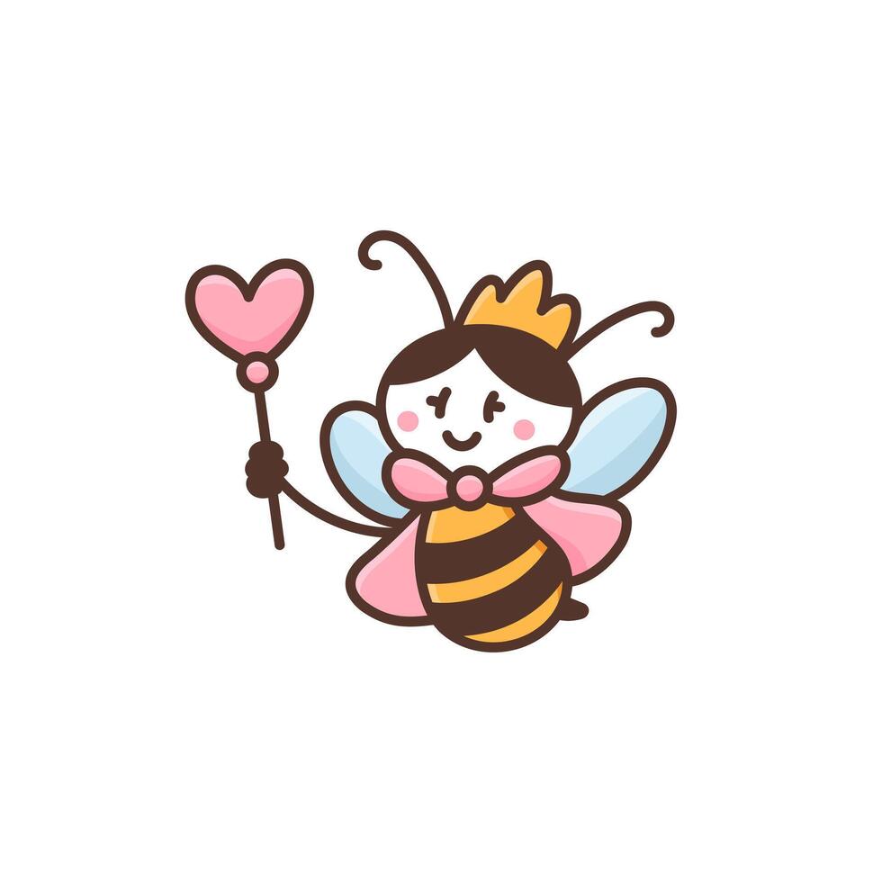 Cute happy honey bee with magic wand. Funny smiling honeybee queen. Kawaii bumblebee or wasp cartoon character vector