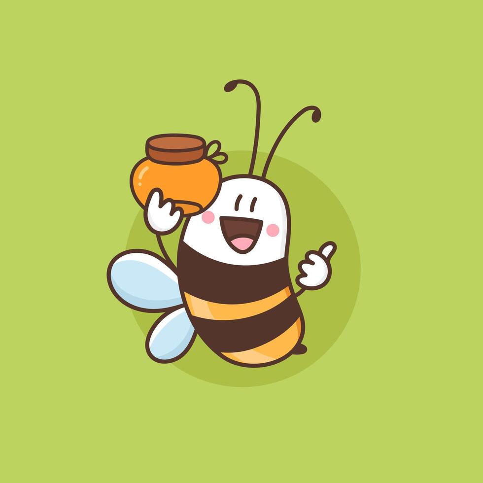 Happy honey bee with jar of honey. Funny smiling honeybee shows a gesture Thumbs up. Kawaii bumblebee or wasp cartoon character. Colored illustration isolated on green vector
