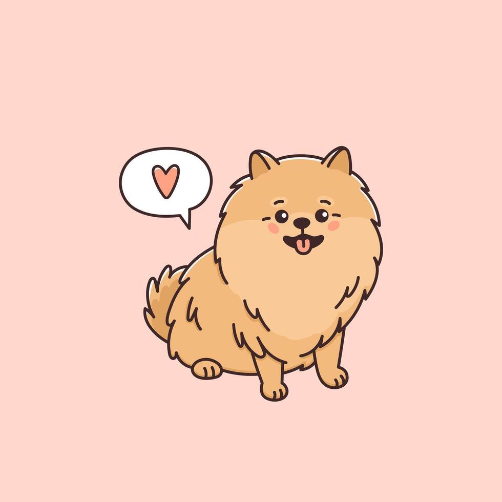 Cute Pomeranian spitz dog with speech bubble and heart. Funny pet in kawaii style. Small puppy of Pom breed, canine animal smiling. Zwergspitz. T-shirt print or sticker vector