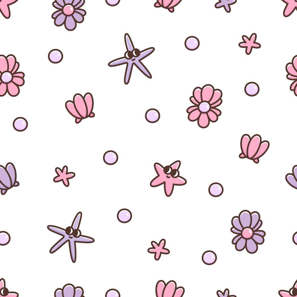 Childish seamless pattern with funny cartoon character starfish and seashells with pearls. Kawaii cute print on white background. Illustration sea creatures vector