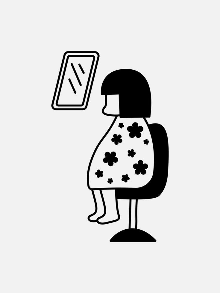 An illustration depicts a cute child sitting to shave his hair. vector
