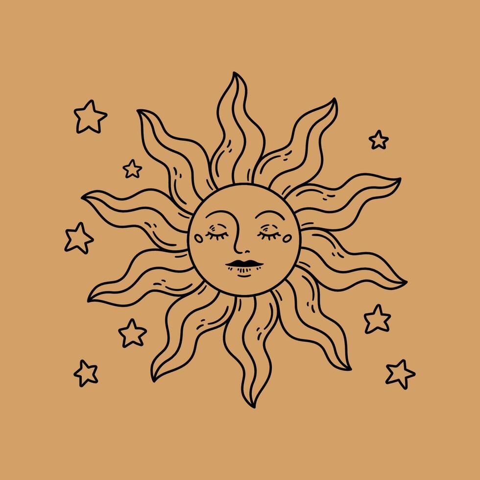 The face of the sun with stars. Hand drawn illustration card in sketch style. vector