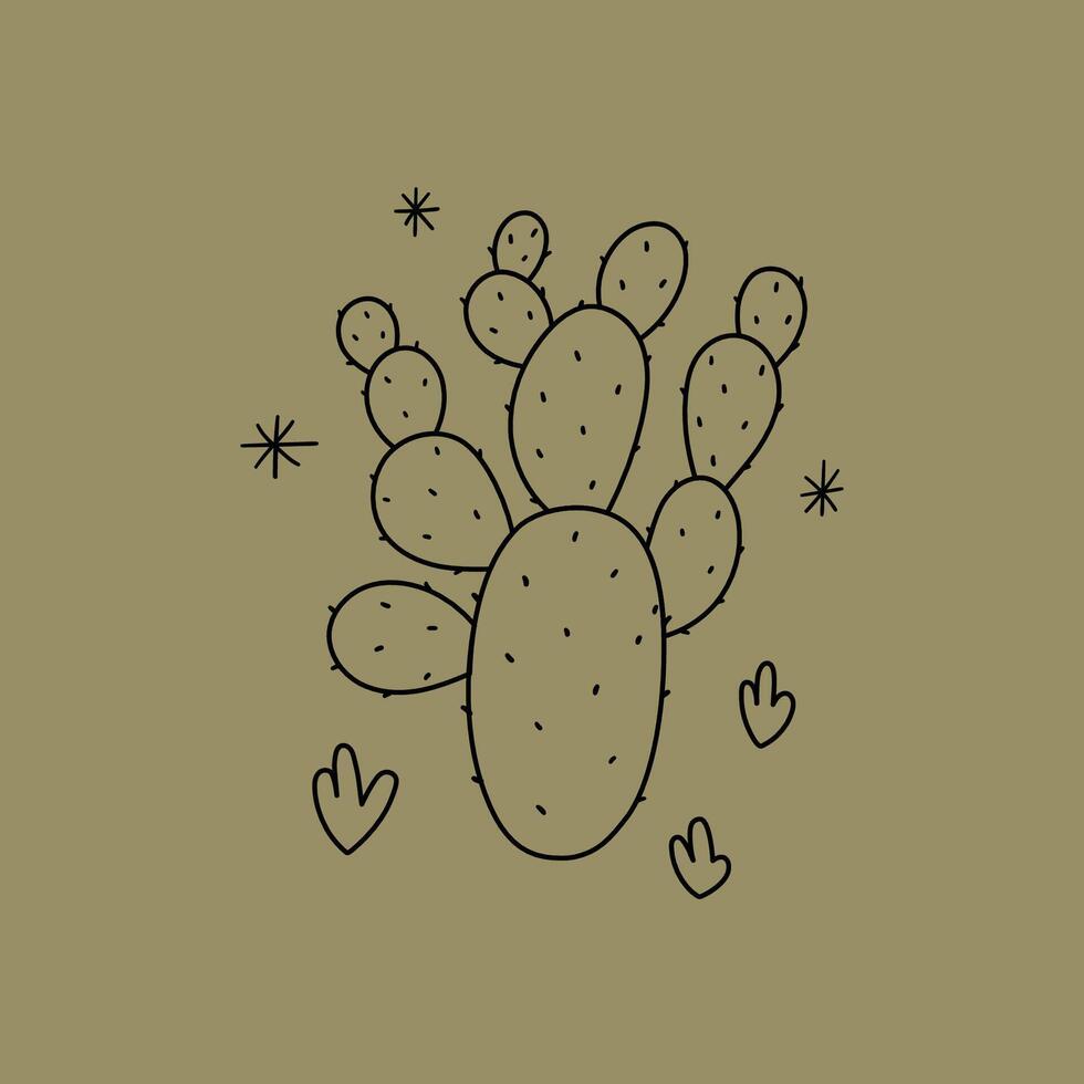 Wild west line art card with desert cactus. Hand drawn illustration in sketch style. vector