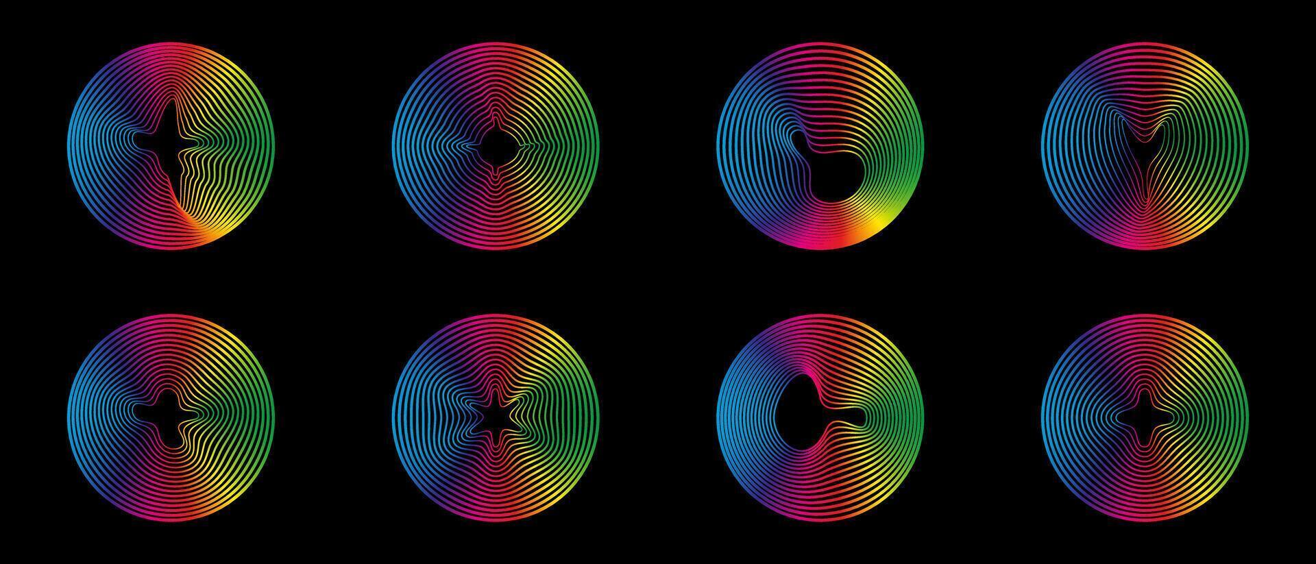 Music equalizers and sound waves. set of radial curves spectrum of radio wave oscillations. Multicolored neon sound wave of audio circles vector