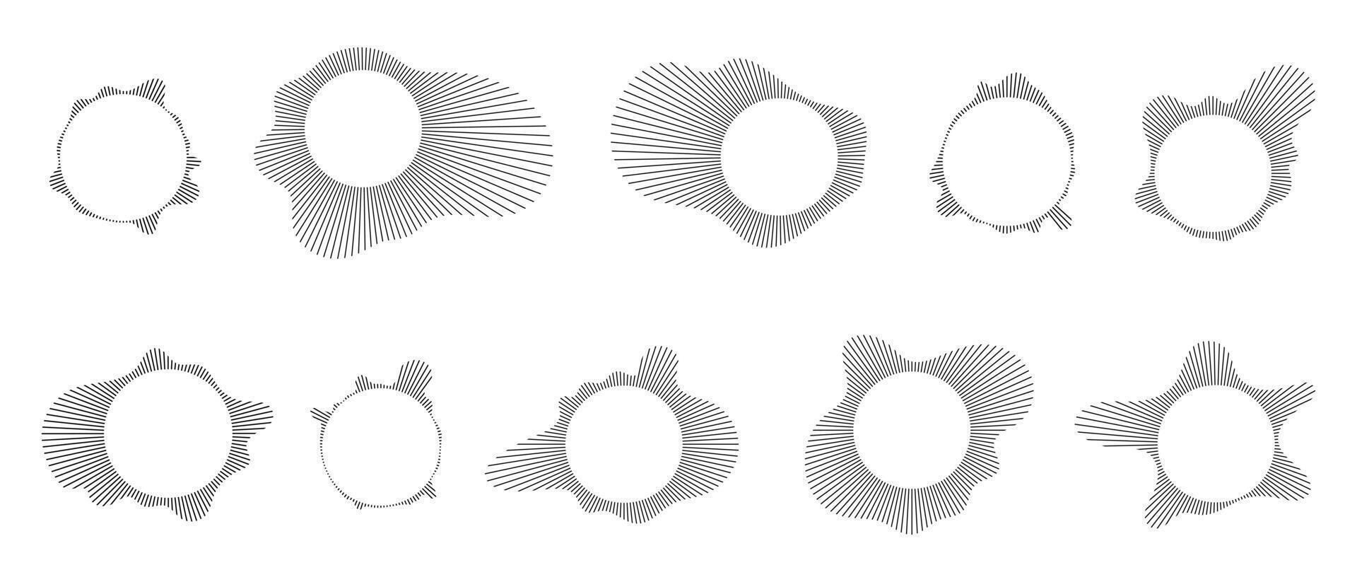Music equalizer and sound wave. Circular sound waves, depicting audio music,icons and logos for equalizers, radial spectrum designs, ring patterns. illustrations isolated on white background vector