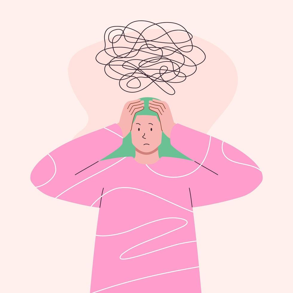 Woman in distress with chaotic lines overhead vector