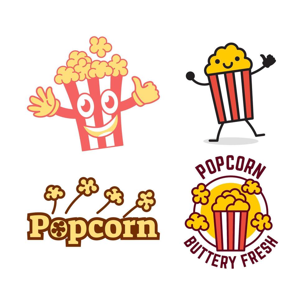 Set of Popcorn logo badge with illustration of popcorn in bucket isolated on white background vector