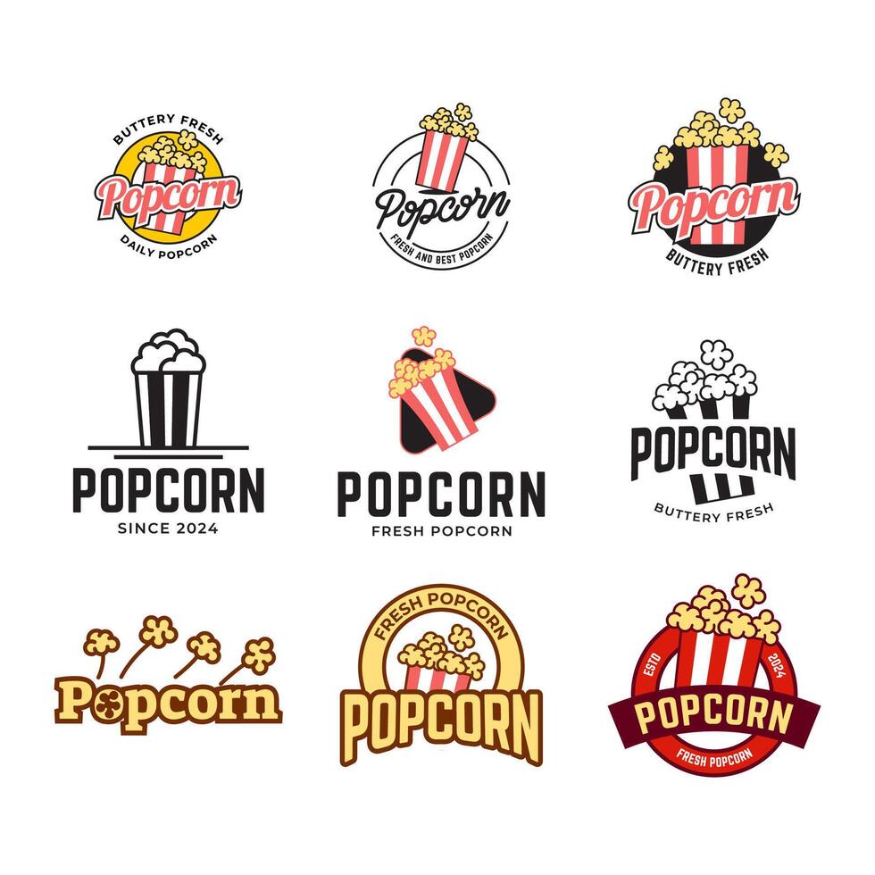 Set of Popcorn logo badge with illustration of popcorn in bucket isolated on white background vector