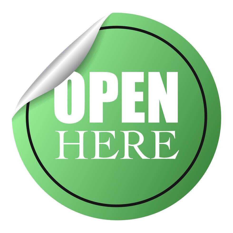 OPEN HERE sticker circle shape green color vector