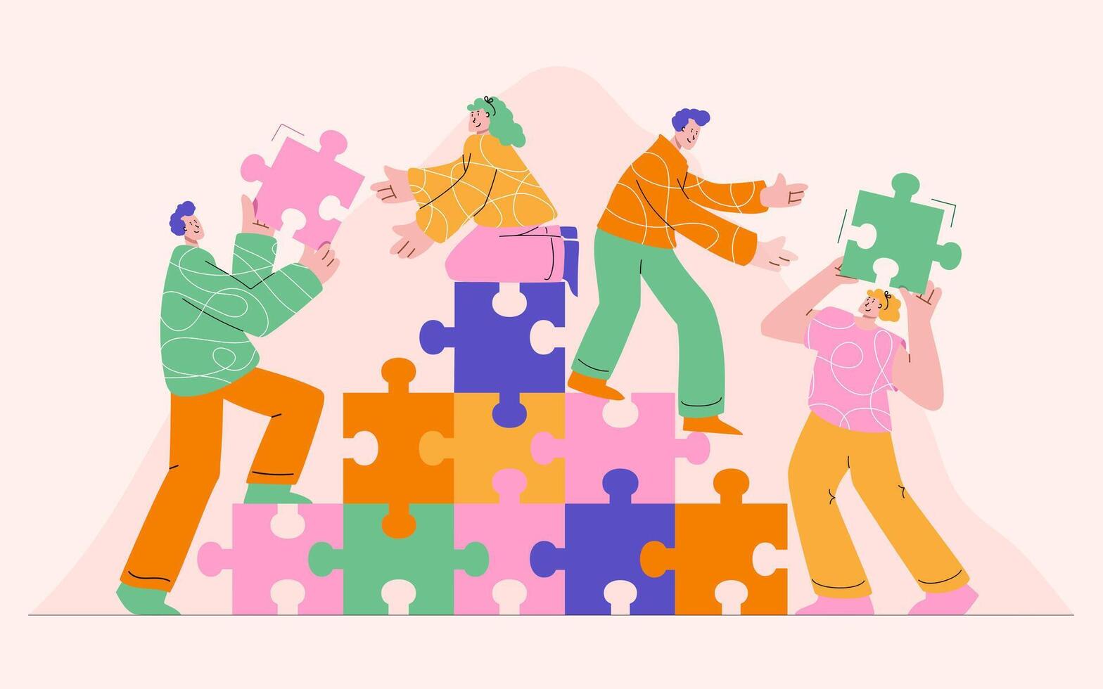 Illustration of diverse team collaboratively assembling puzzle vector