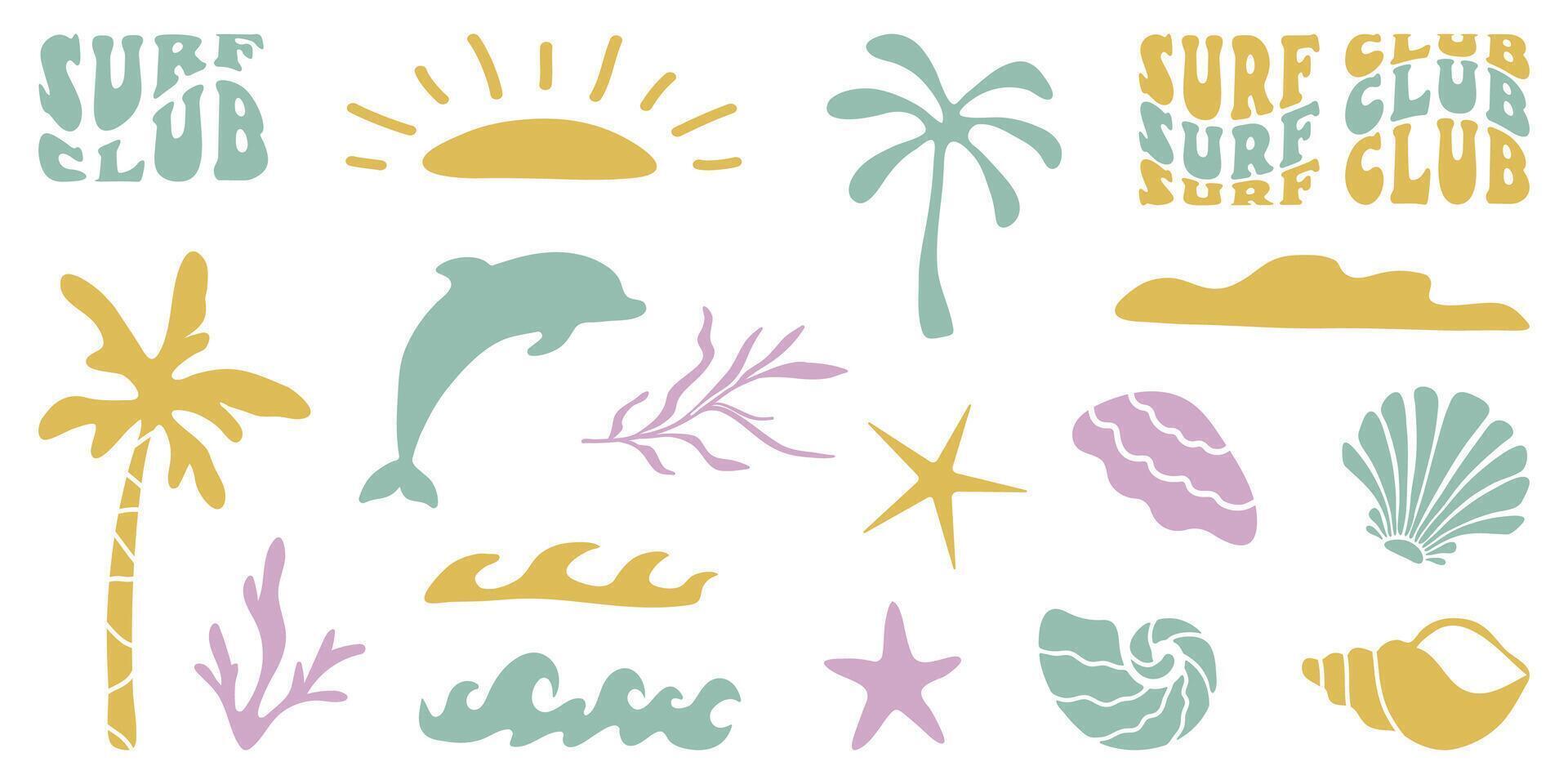 Retro Groovy Surf Club in trendy Boho style. Naive Geometric Summer Palm Tree. Simple background of sun sea. Retro Summer Beach Hand Drawn isolated illustration. Vintage Surf Club. illustration vector