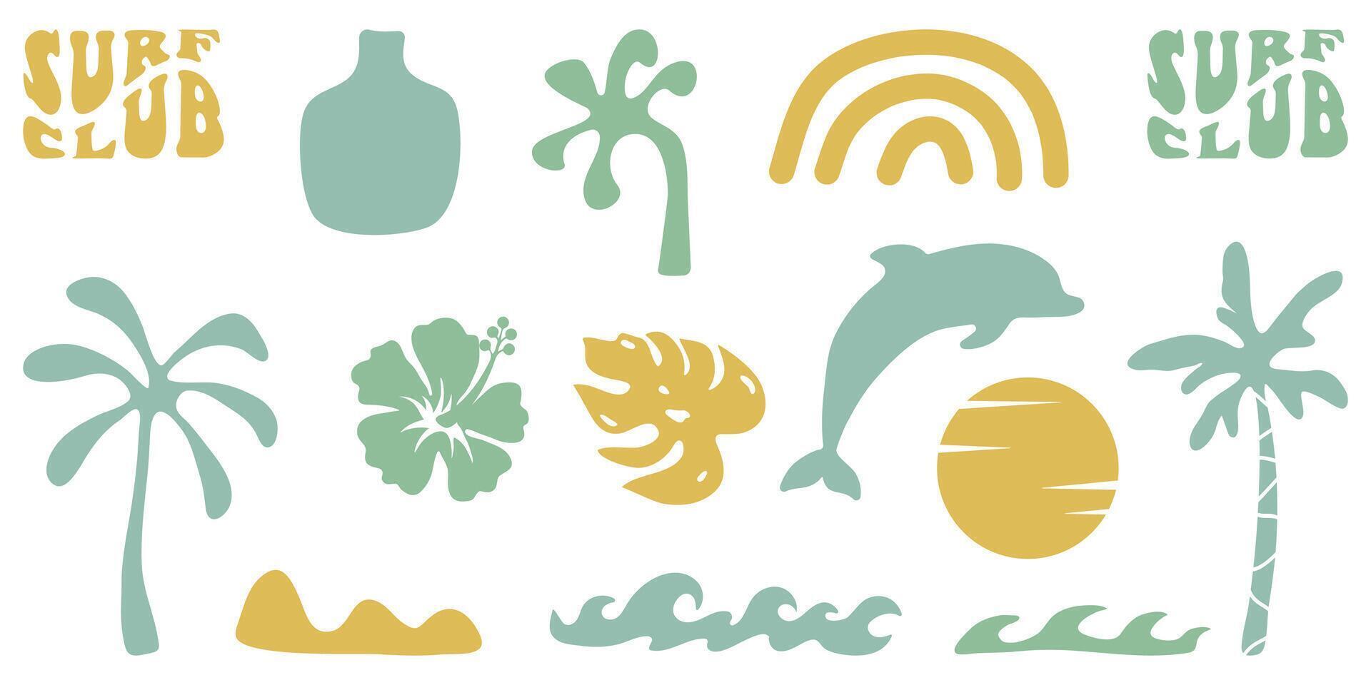 Retro Groovy Surf Club in trendy Boho style. Naive Geometric Summer Palm Tree. Simple background of sun sea. Retro Summer Beach Hand Drawn isolated illustration. Vintage Surf Club. illustration vector