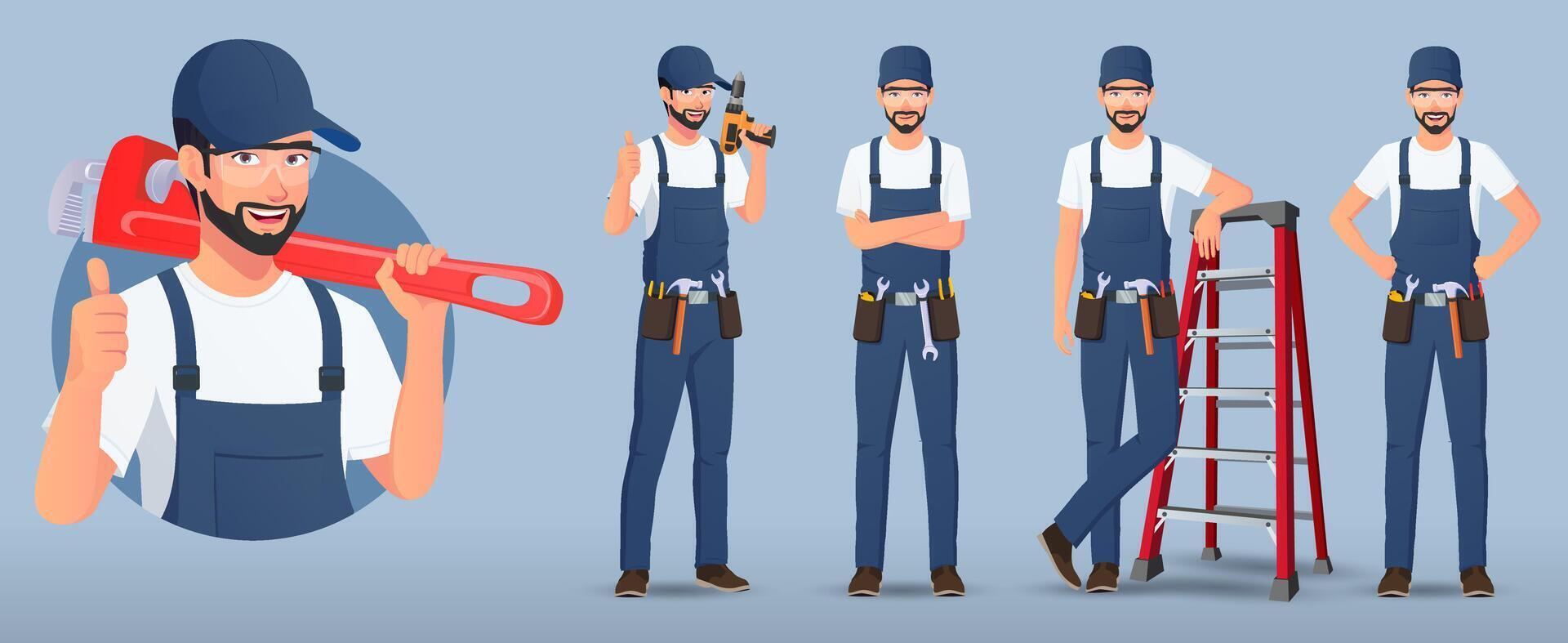Handyman, Maintenance Engineer Character in Various Poses illustration vector