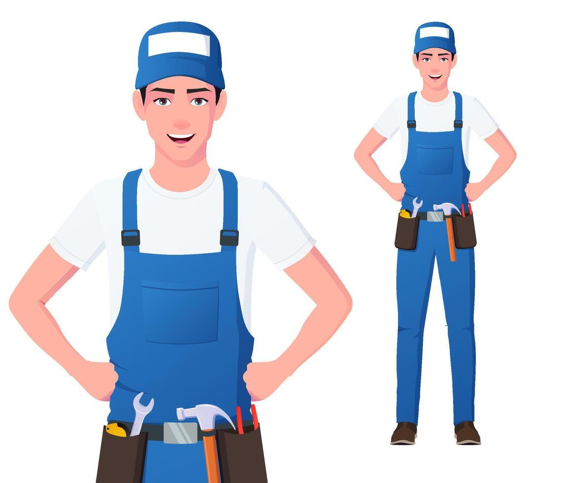 Handyman Character Illustration with Man wearing Blue Overalls Standing, Isolated on White Background Illustration vector
