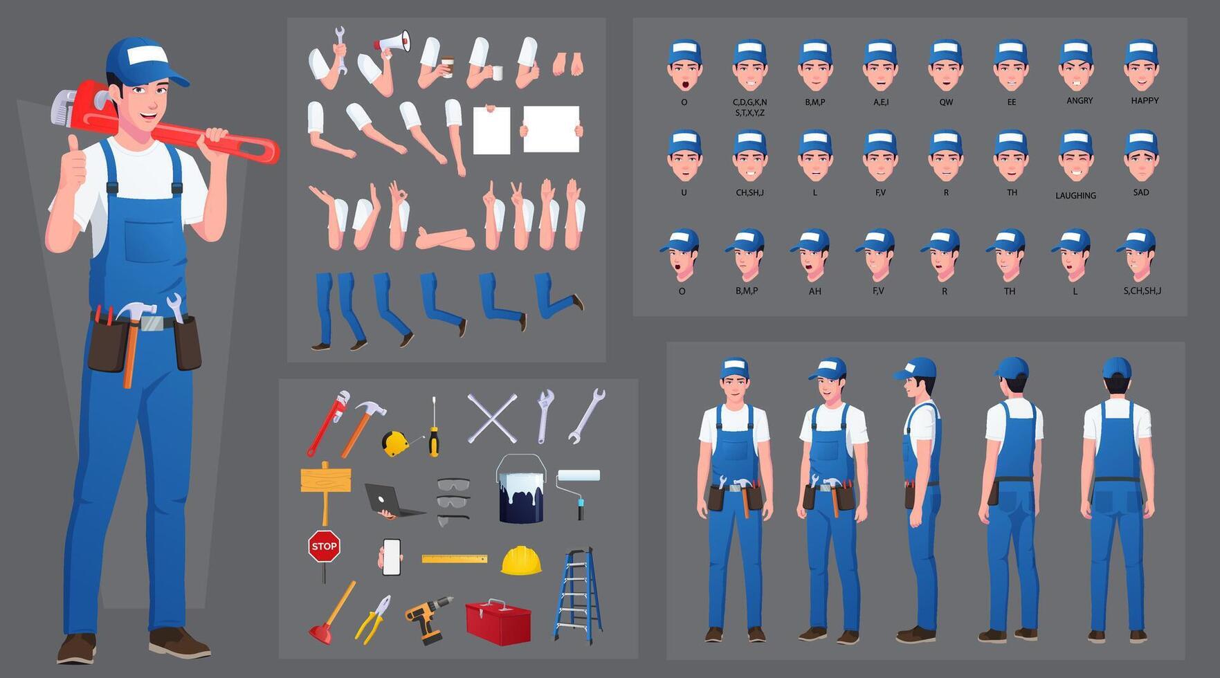 Handyman, repairman Character Construction and Animation Pack, Maintenance Engineer Wearing Blue Overalls, Mouth Animation and Lip Sync, Turnaround with Tools and Work Equipment's vector