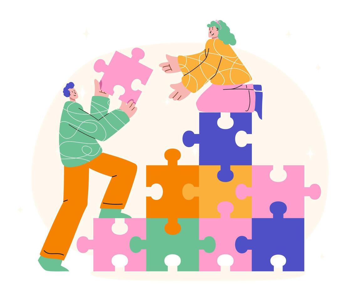 Illustration of diverse team collaboratively assembling vector
