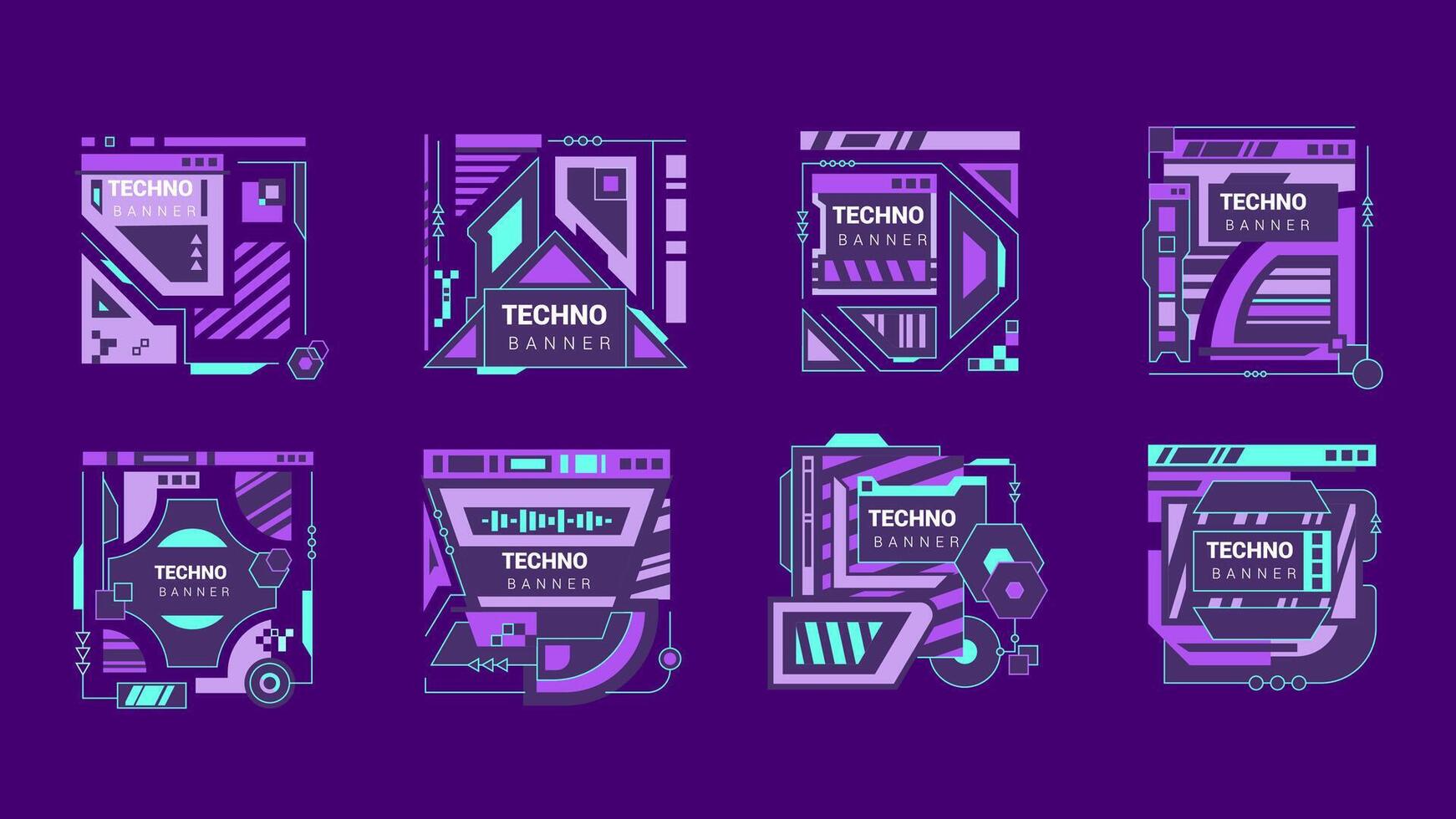 Glitch tech banners. Stylish abstract frame designs featuring purple and blue hues with a technological theme vector