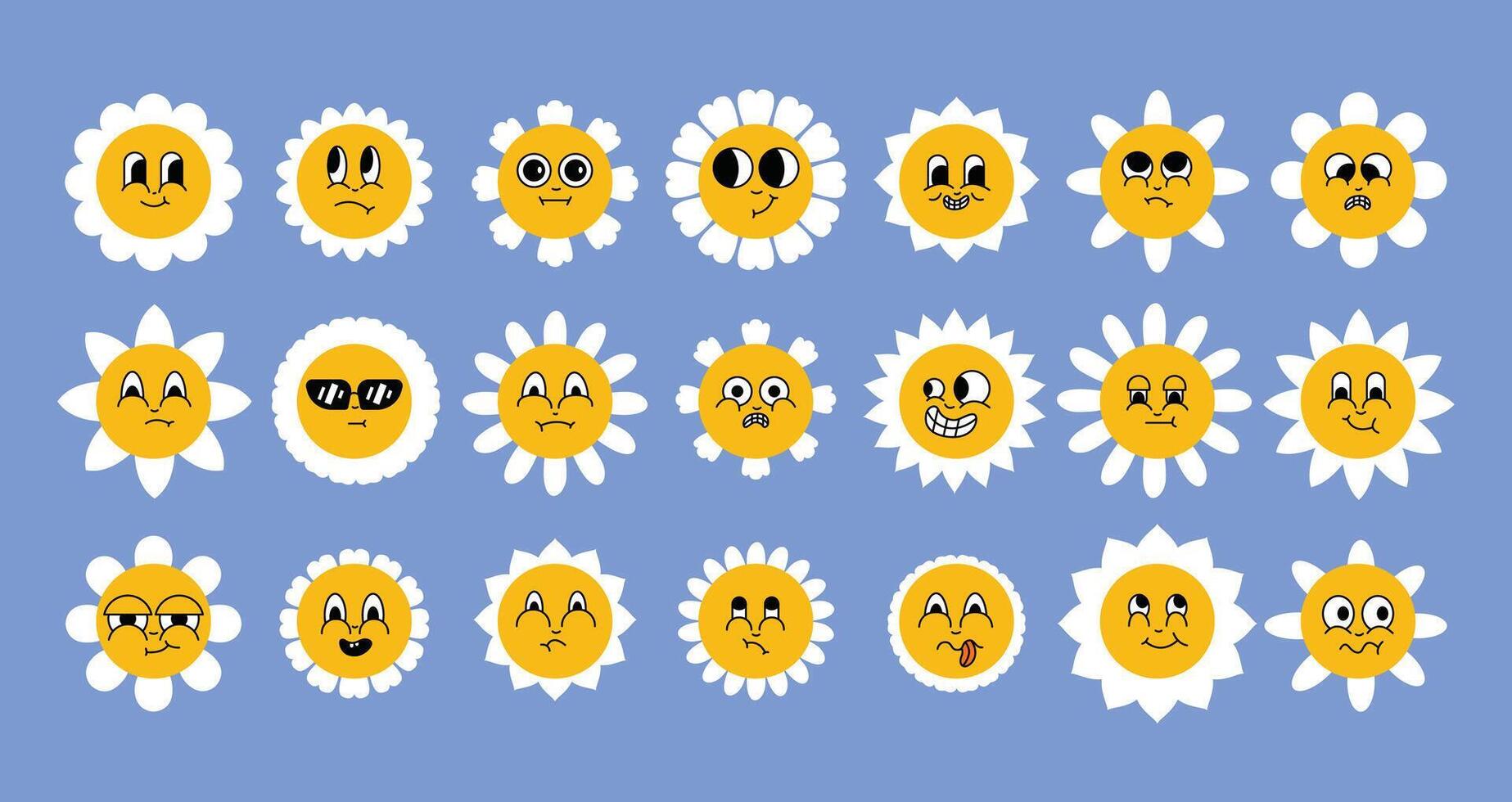 Daisy flowers smiling faces. Cute sunflower emojis for different emotions, great for adding joy to your designs vector