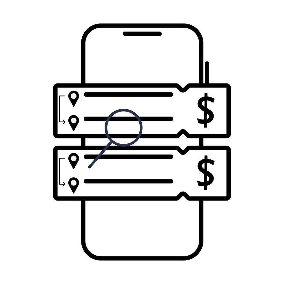Smartphone screen showing location-based price comparisons for two tickets. vector