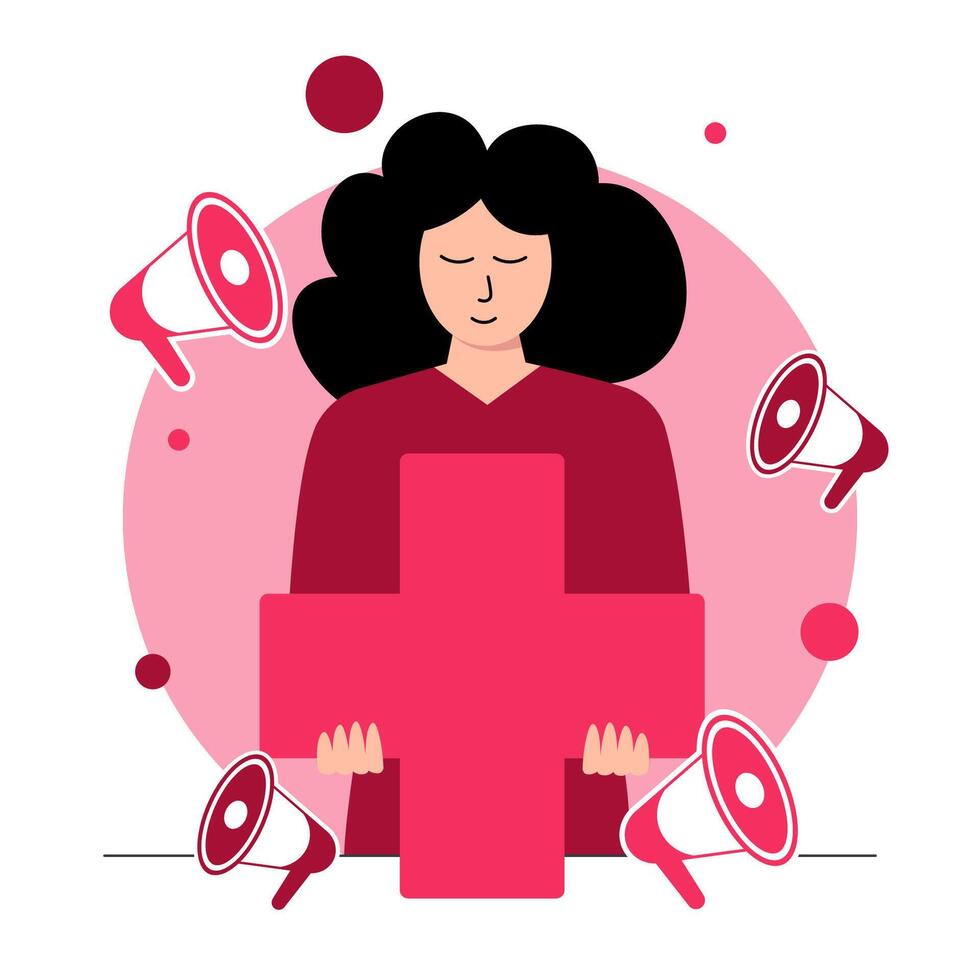 A woman with long, black hair is holding a large red cross in front of her. She is wearing a red shirt and has her eyes closed. The background is a light pink circle with red and white megaphones around it vector