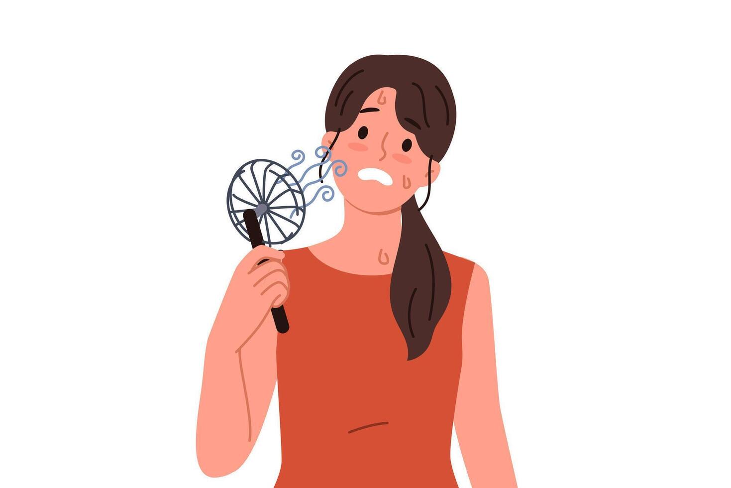 Woman uses electric fan to stop sweating and prevent exhaustion in hot summer weather vector