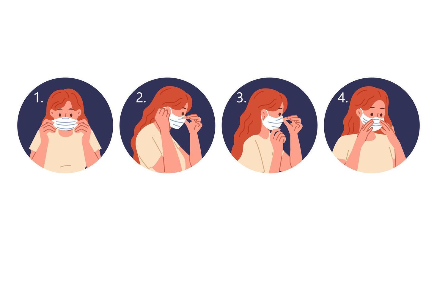 Instructions for wearing medical mask, with step-by-step plan to avoid infection with dangerous flu vector