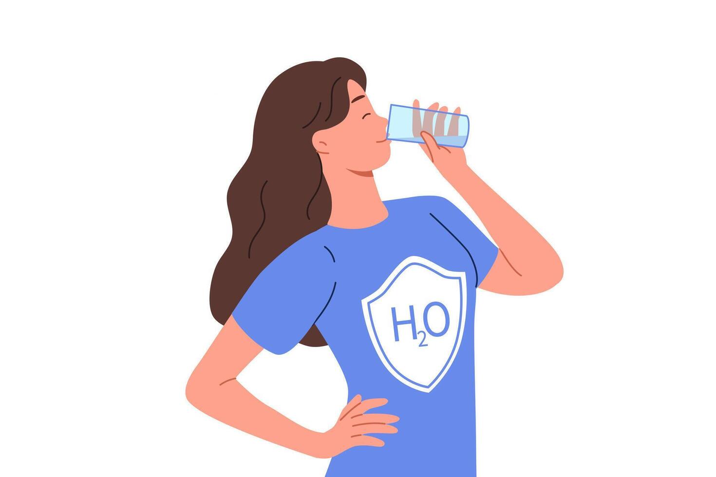 Woman drinks water from glass, dressed in t-shirt with h2o logo, uses aqua to cleanse of toxins vector