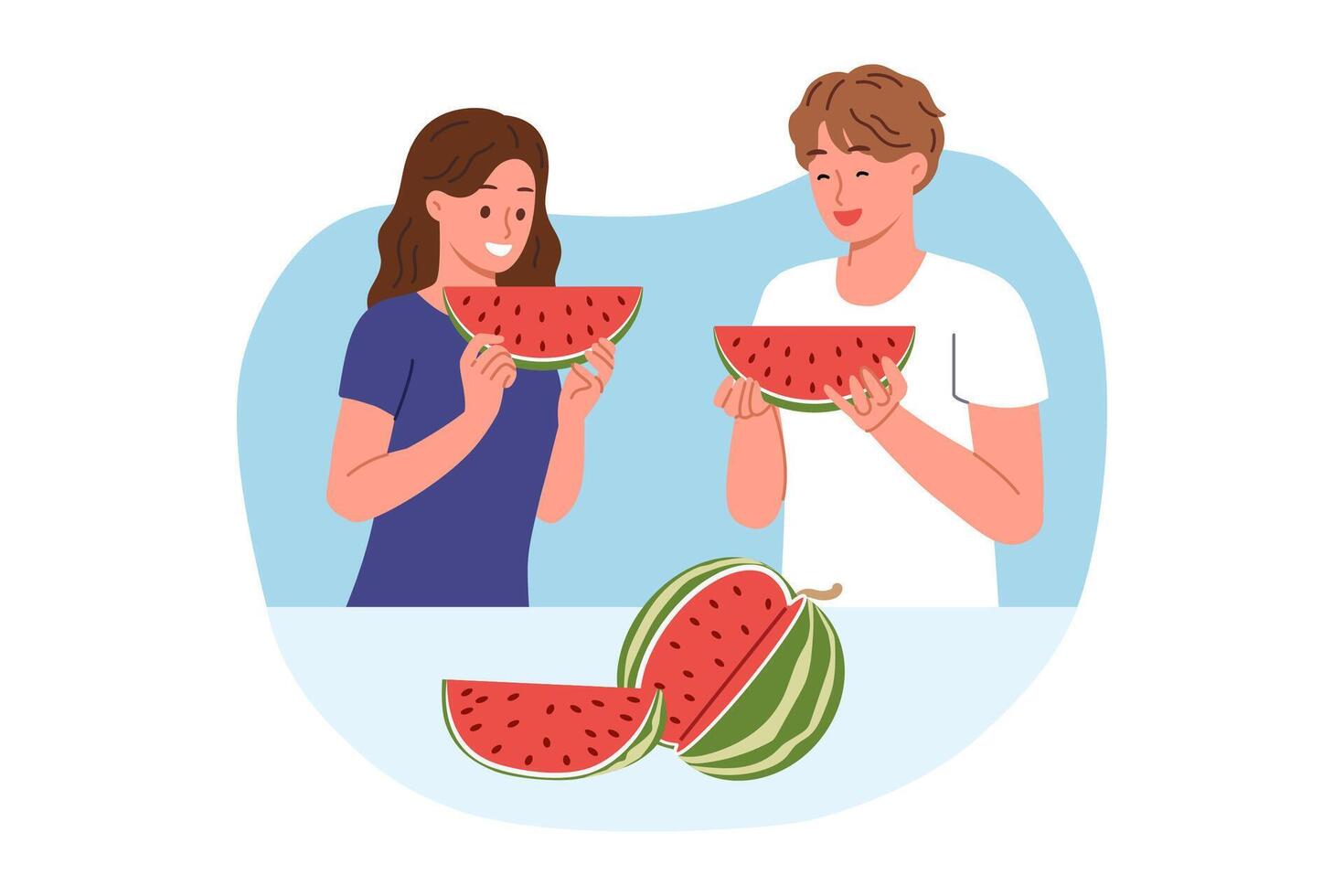 Man and woman eat watermelon, enjoying taste of juicy fruit that relieves thirst in hot weather vector