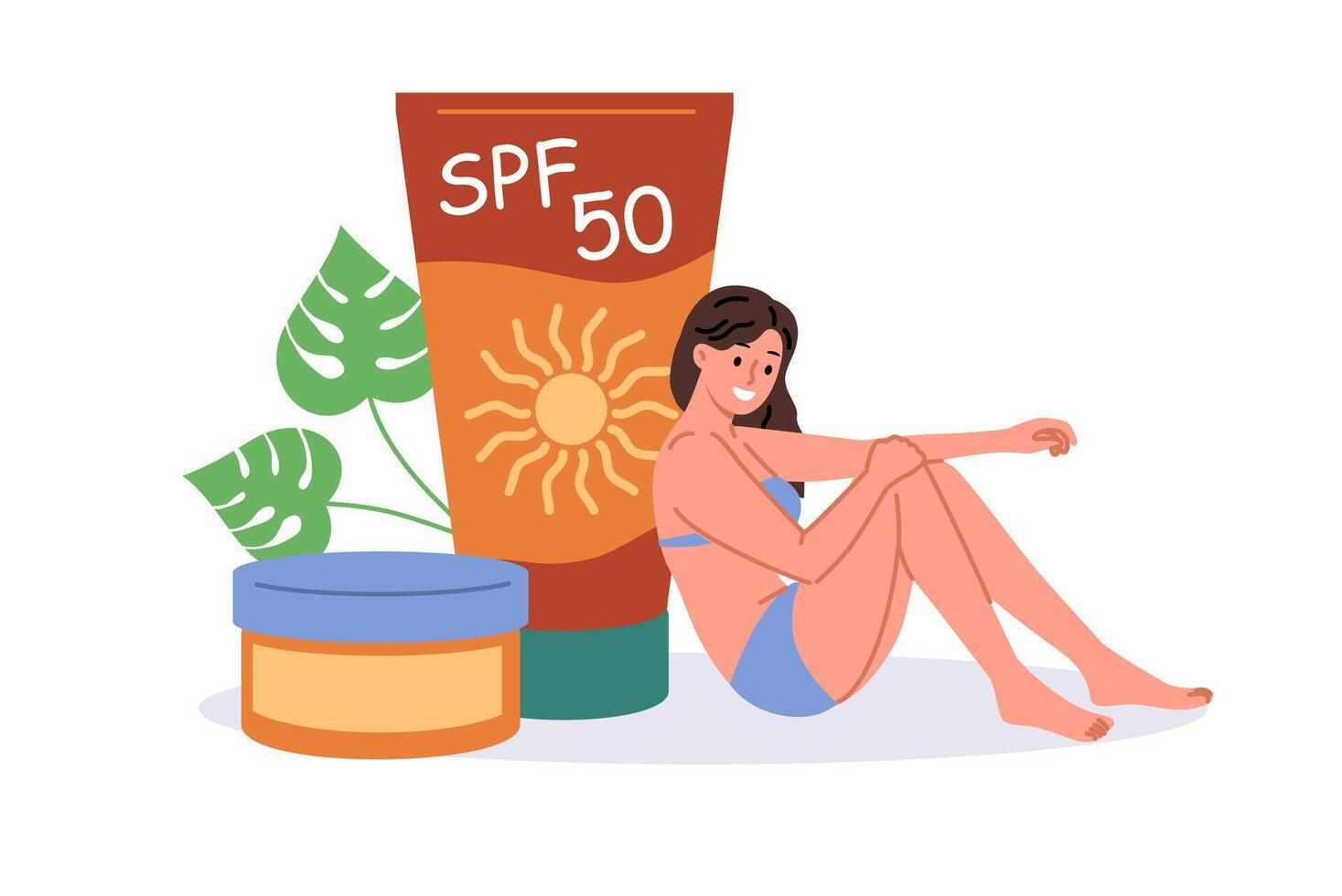 Woman uses SPF cream to prevent effects of ultraviolet radiation on skin, dressed in bikini vector