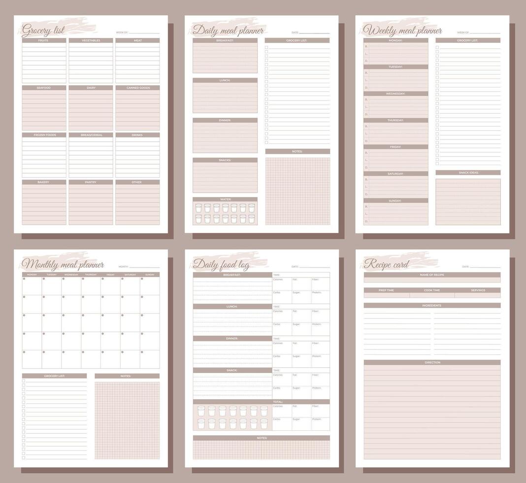 Meal planners set. Daily, weekly, monthly meal planners, daily food log, grocery list and recipe card. A4 printable templates. vector