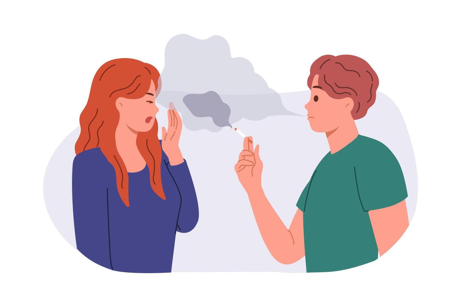Woman becomes passive smoker by inhaling smoke from cigarette, standing next to man vector