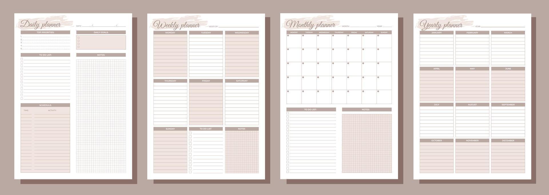 Planners set. Daily, weekly, monthly, yearly. Blank white notebook page A4. vector