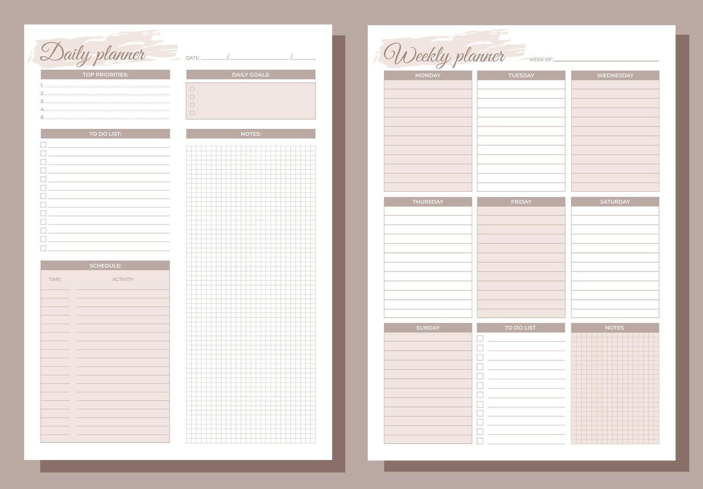 Planners set. Daily and weekly planners. Blank white notebook page A4. vector