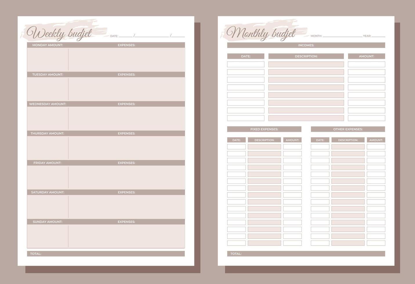 Planners set. Weekly and monthly budjet. Blank white notebook page A4. vector