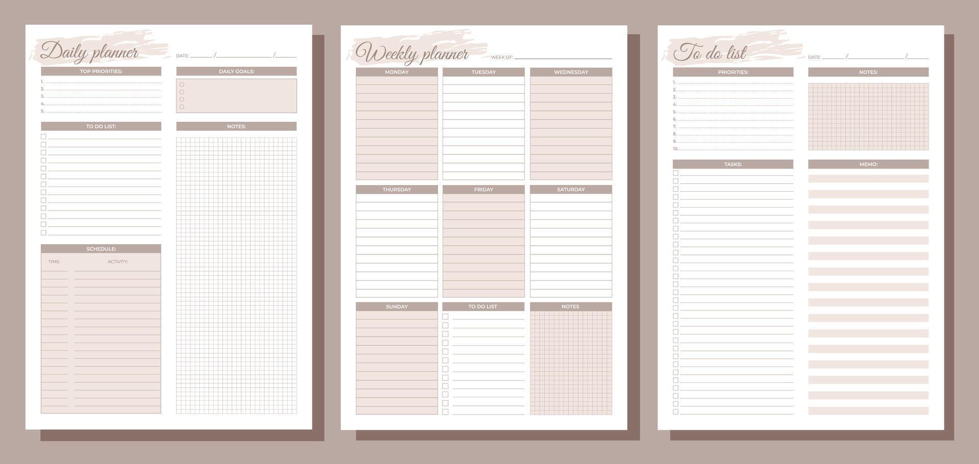 Planners set. Daily, weekly, to do list. Blank white notebook page A4. vector