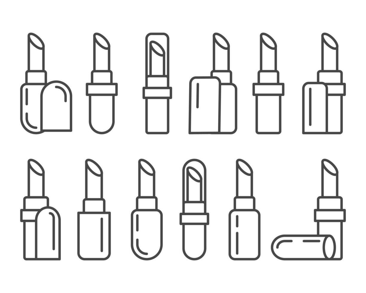 Collection makeup and cosmetics. Beauty linear graphic icons in the form of lipstick with lip care cap. vector