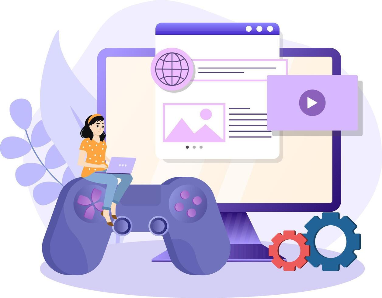 Gamification illustration. Development games. Girl write code for program and application. Charming characters with controller next to screen. Modern technologies. Flat illustration vector