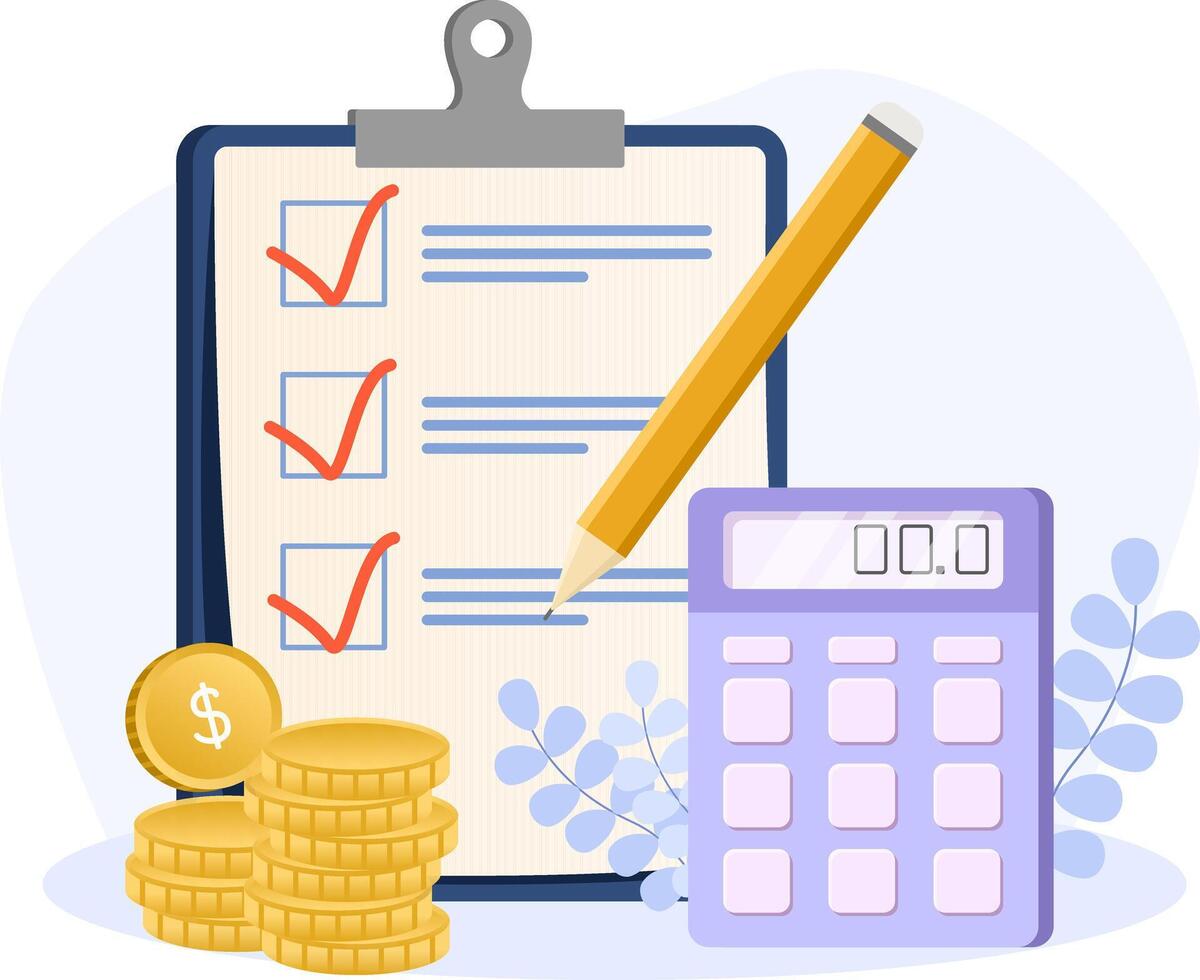 Financial plan illustration. Modern illustration of finance items, economic instruments, money savings, vector
