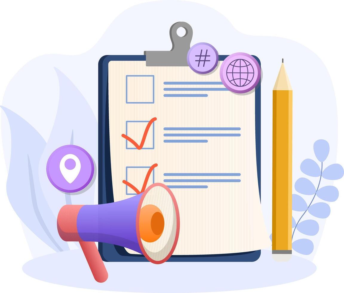 Marketing plan illustration. Flat illustration. Writing with pencil, paper of plan. vector