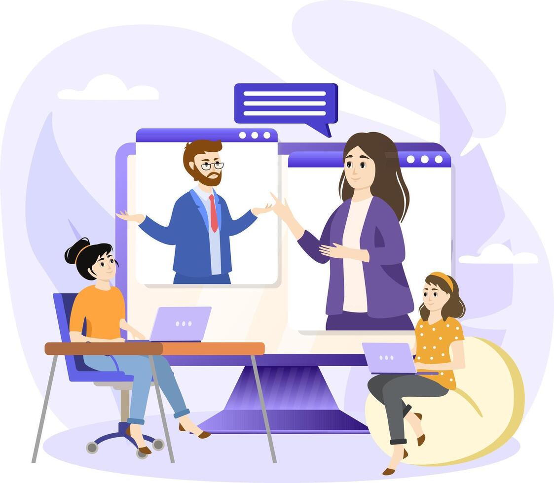 Collaborative learning illustration. Students working in group. Distance learning. Top view of teenagers preparing for lessons. vector