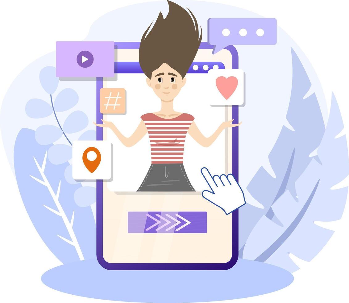 Blogger illustration. Social media blogger. Social media platform, online social communication concept. Influencer, post, story and avatar. Influencer posting personal blog. Comment Follower. vector
