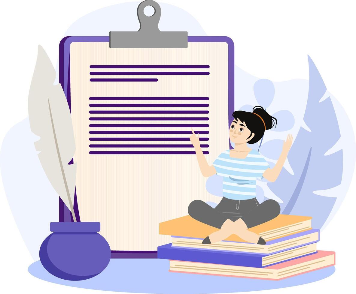 Writer illustration. Content writer, blogger, bullet journalist or publishing editor concept, young smart woman books vector