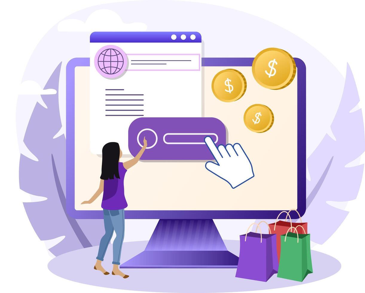 Unique Clicks illustration. The girl clicks on the monitor. Illustration of Unique Clicks 3d icon for web design, templates, infographics and more vector