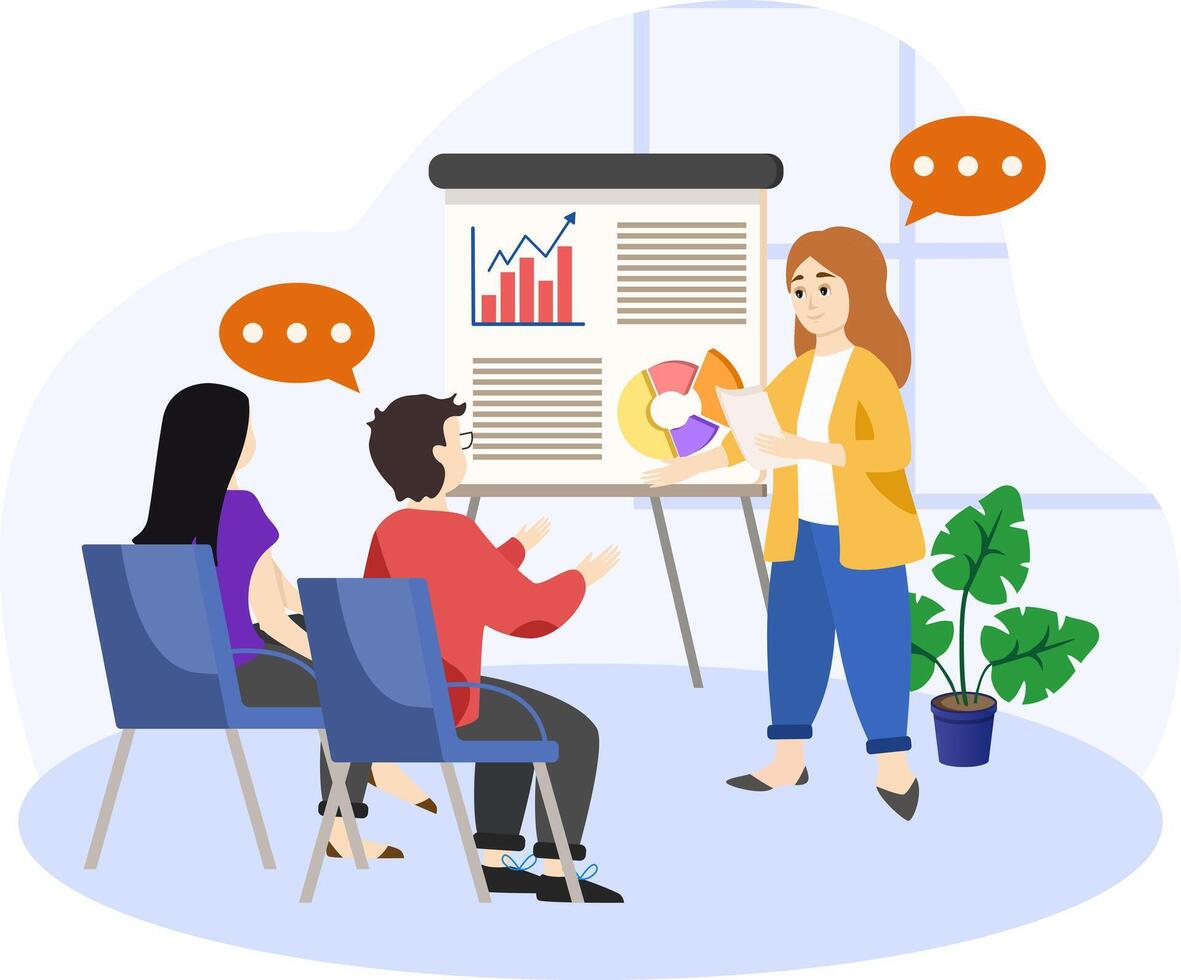 Conference illustration with foreign business partners. People in office and remote workers.. Colored flat illustration isolated on white background vector