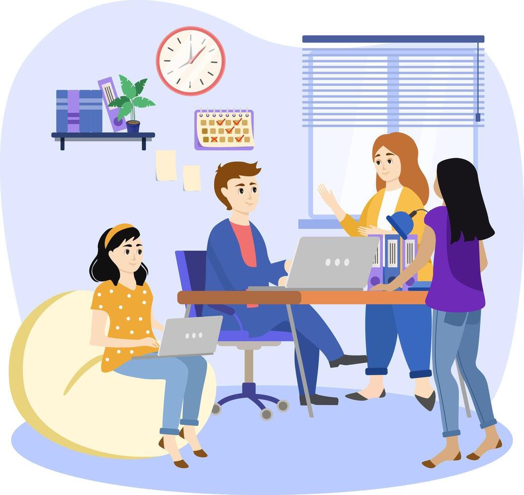 Business people characters working in the office. Minimal co-working space. Group of working office employees. Startup illustration. vector